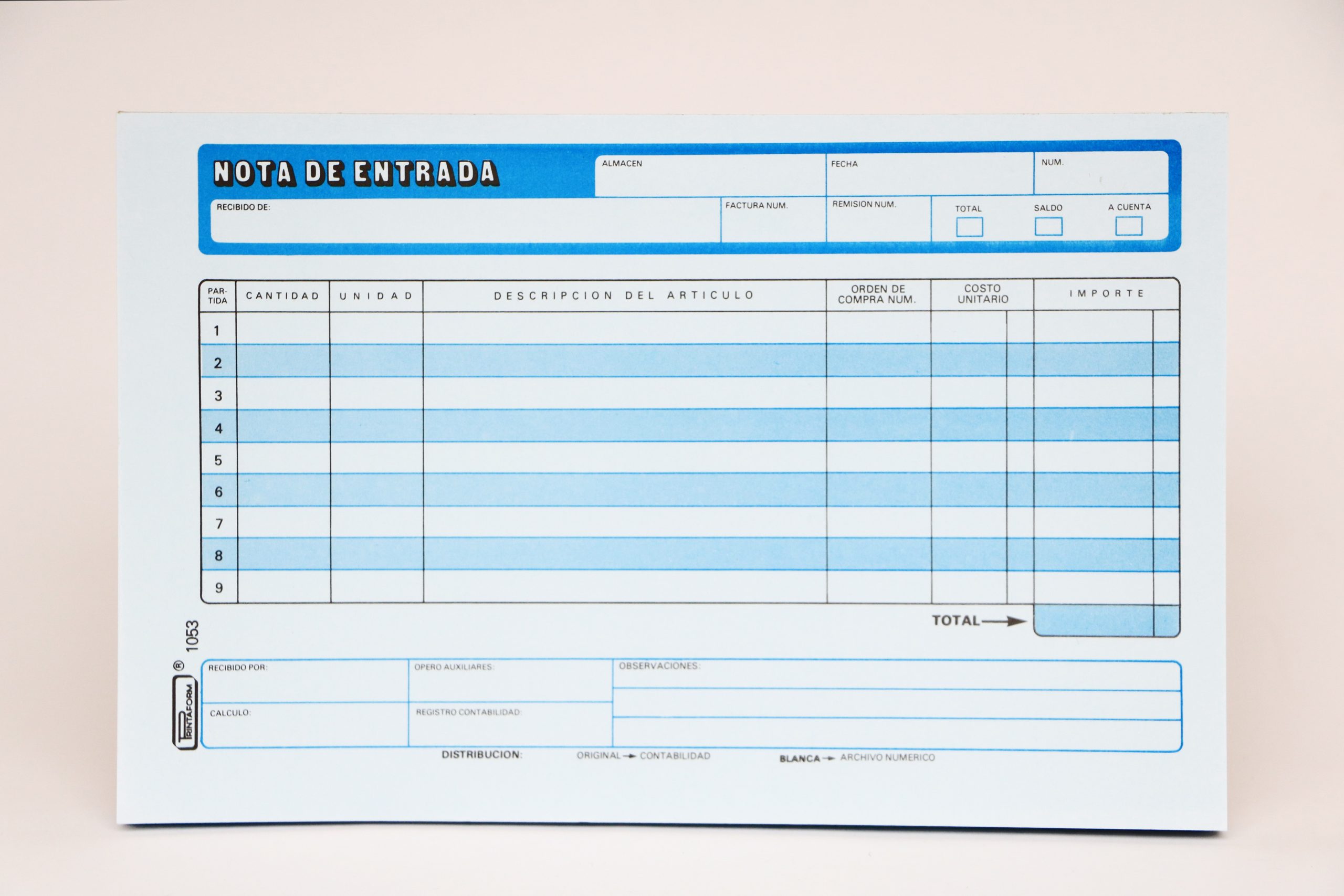 NOTA DE ENTRADA #1053 PRINTAFORM 1/2 CTA. 25 JGO. E.(3)(144)