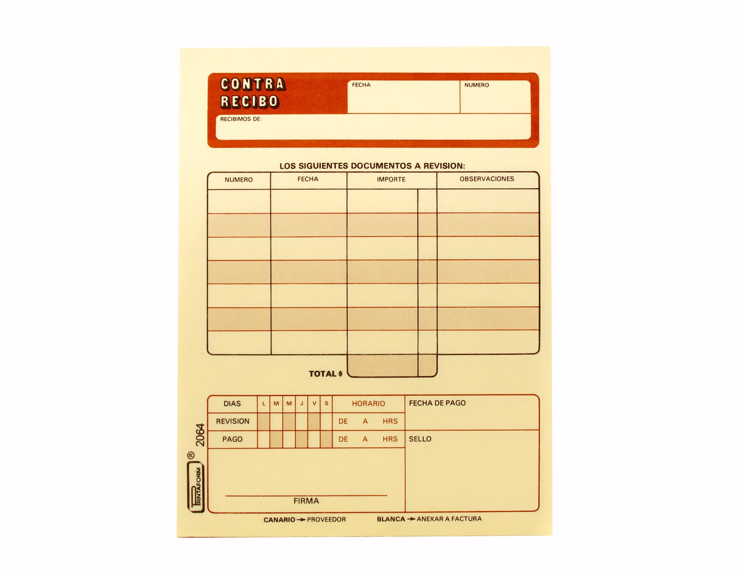 CONTRA RECIBO #2064 PRINTAFORM 1/4 CTA. 25 JGO. E(3) C.(144)